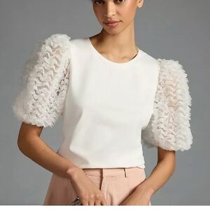 Anthropologie White Short Sleeve Top with Ruffled Sleeves